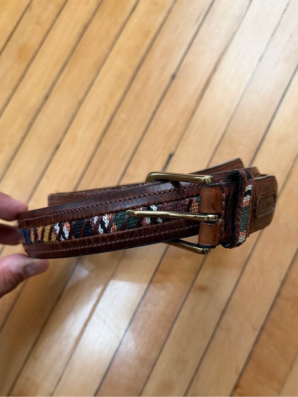 Vintage Y2K Columbia Brown Leather Belt Southwest Woven Tribal Inlay Sz. 40/100